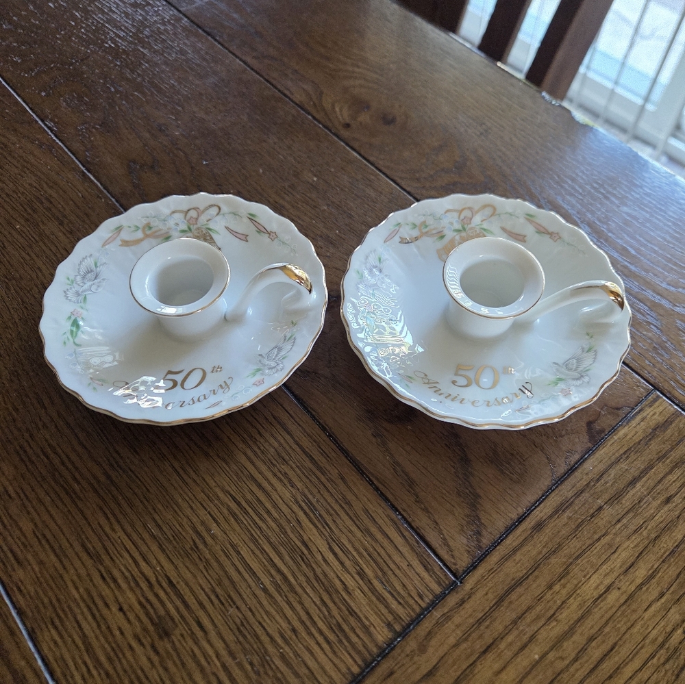 Vintage Lefton China 50th Anniversary Taper Candle Holders